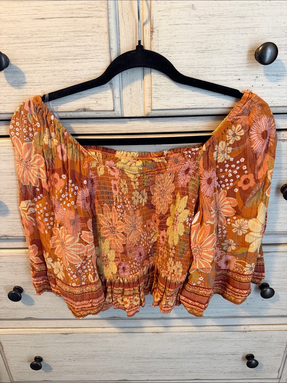 Boho Floral Off-Shoulder Top - Rust Orange